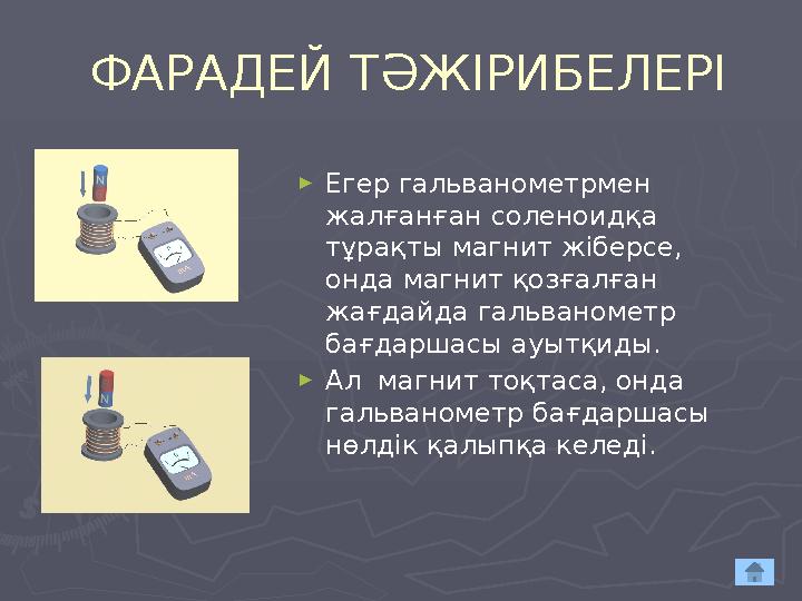 ФАРАДЕЙ ТӘЖІРИБЕЛЕРІ ► Егер гальванометрмен жалғанған соленоидқа тұрақты магнит жіберсе, онда магнит қозғалған жағдайда га