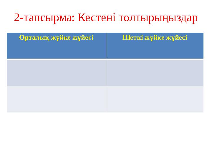 2-тапсырма: Кестені толтырыңыздар Орталы қ жүйке жүйесі Шеткі жүйке жүйесі