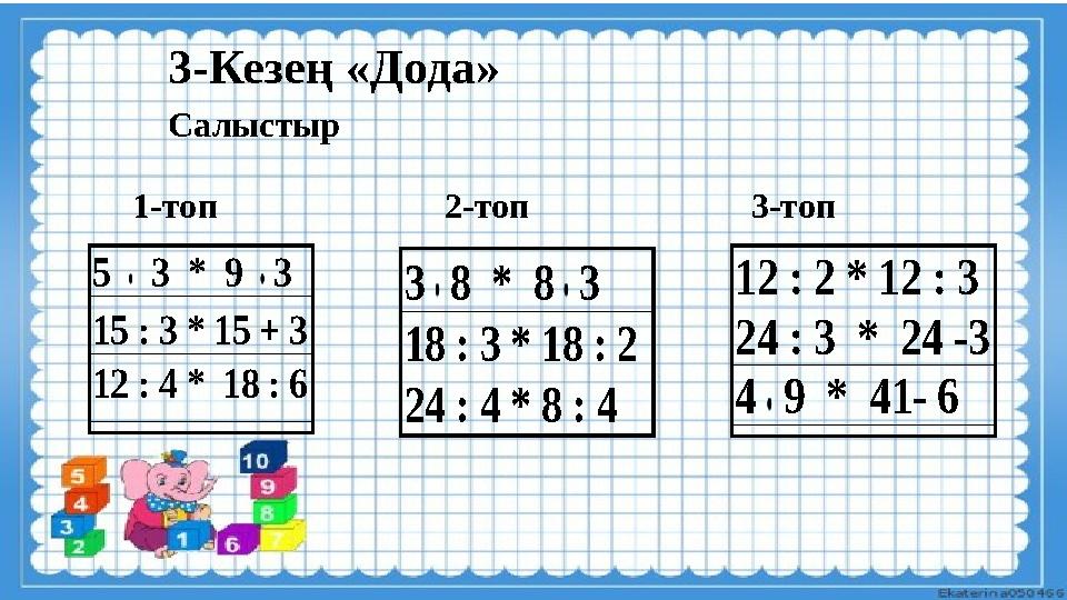 3-Кезең «Дода»5 3 * 9 3 15 : 3 * 15 + 3 12 : 4 * 18 : 6 3 8 * 8 3 18 : 3