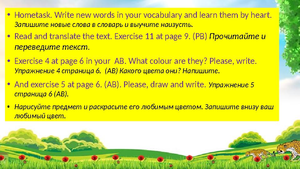 • Hometask . Write new words in your vocabulary and learn them by heart. Запишите новые слова в словарь и выучите наизусть. •