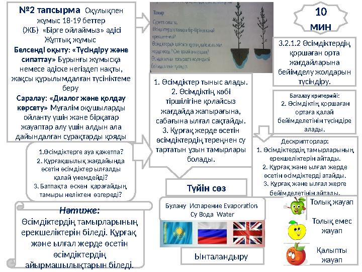 № 2 тапсырма Оқулықпен жұмыс 18-19 беттер (ЖБ) «Бірге ойлаймыз» әдісі Жұптық жұмыс Белсенді оқыту : «Түсіндіру және сип