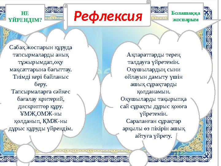 РефлексияНЕ ҮЙРЕНДІМ? Болашаққа жоспарым Сабақ жоспарын құруда тапсырмаларды анық тұжырымдап,оқу мақсаттарына бағыттау. Тиі