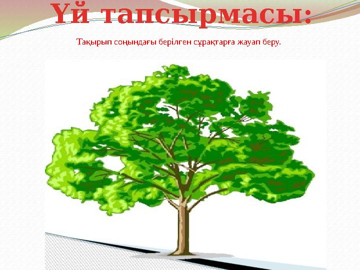 Үй тапсырмасы: Тақырып соңындағы берілген сұрақтарға жауап беру.