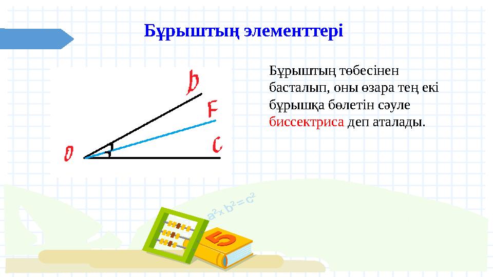 Бұрыштың элементтері Бұрыштың төбесінен басталып, оны өзара тең екі бұрышқа бөлетін сәуле биссектриса деп аталады.