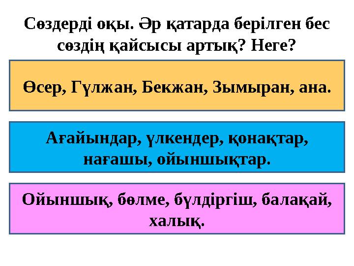 Сөздерді оқы. Әр қатарда берілген бес сөздің қайсысы артық? Неге? Өсер, Гүлжан, Бекжан, Зымыран, ана. Ағайындар, үлкендер, қона