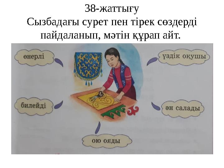 38-жаттығу Сызбадағы сурет пен тірек сөздерді пайдаланып, мәтін құрап айт.