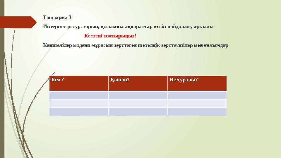 Тапсырма 3 Интepнeт pecypcтapын, қocымшa aқпapaттap көзiн пaйдaлaну арқылы Кестені толтырыңыз!