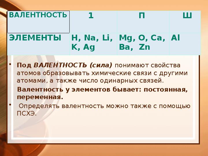 • Под ВАЛЕНТНОСТЬ (сила) понимают свойства атомов образовывать химические связи с другими атомами, а также число одинарных с