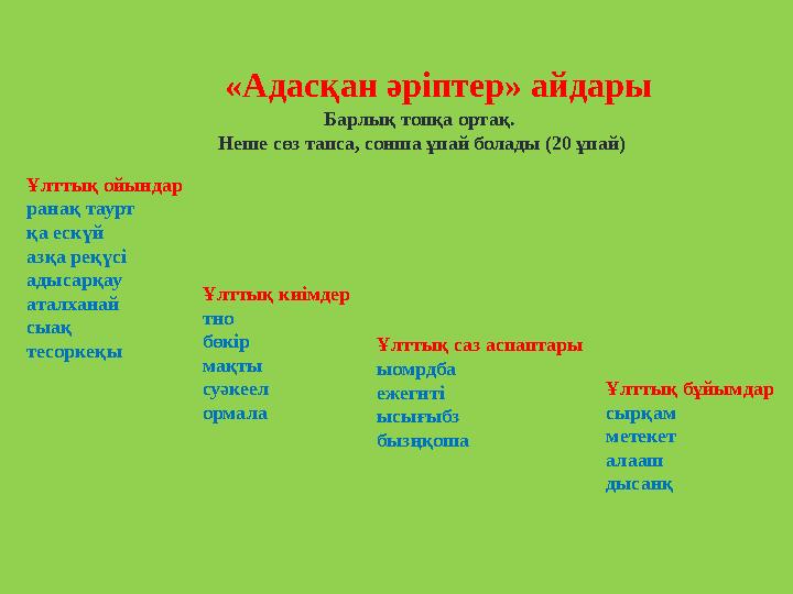 «Адасқан әріптер» айдары Ұлттық ойындар ранақ таурт қа ескүй азқа реқүсі адысарқау аталханай сыақ тесоркеқы Ұлттық саз аспаптары