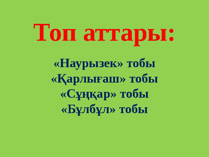 Топ аттары: «Наурызек» тобы «Қарлығаш» тобы «Сұңқар» тобы «Бұлбұл» тобы