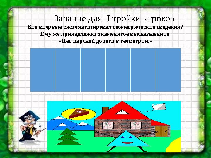 Задание для I тройки игроков Кто впервые систематизировал геометрические сведения? Ему же принадлежит знаменитое высказывание