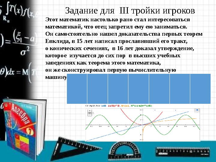 Задание для III тройки игроков Этот математик настолько рано стал интересоваться математикой, что отец запретил ему ею занима