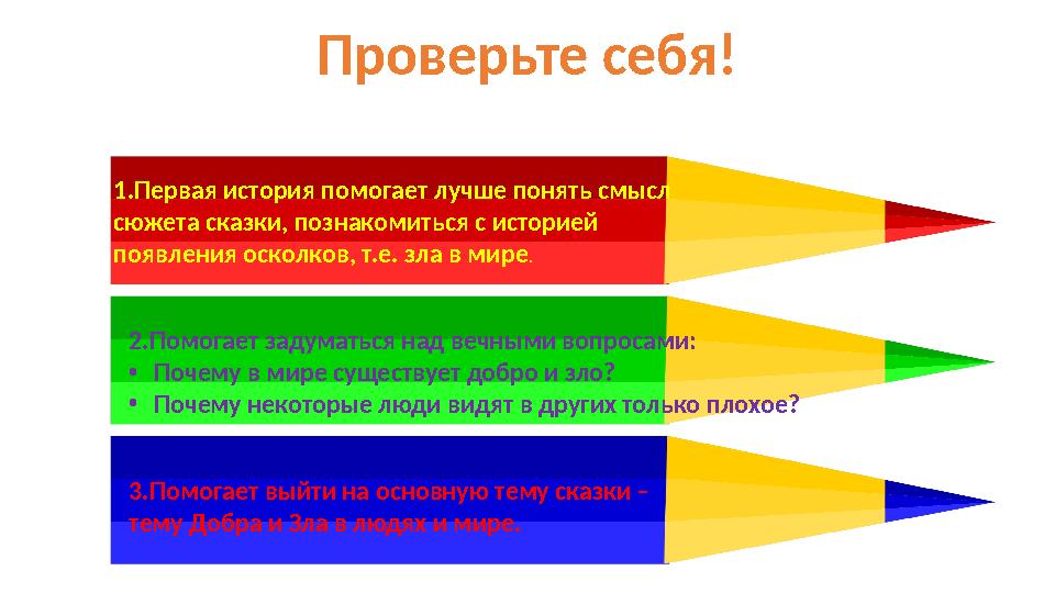 1.Первая история помогает лучше понять смысл сюжета сказки, познакомиться с историей появления осколков, т.е. зла в мире . 2.П