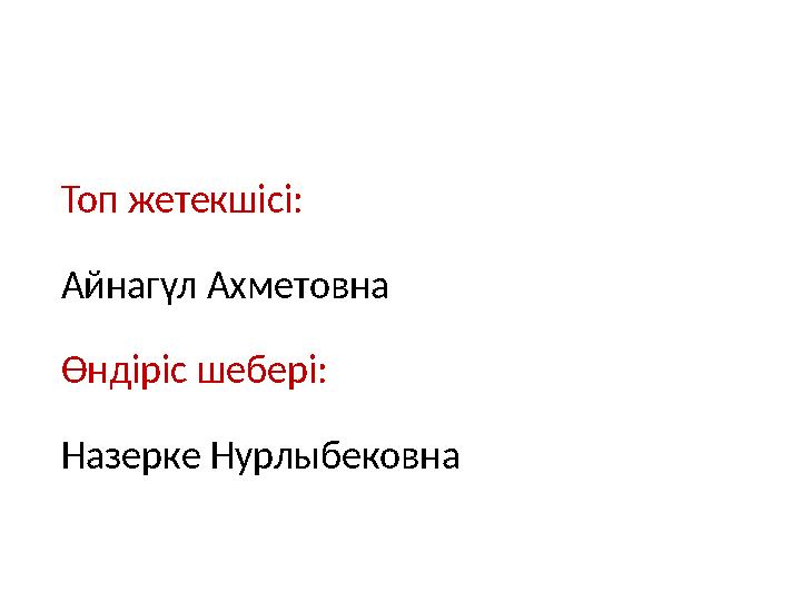 Топ жетекшісі : Айнагүл Ахметовна Өндіріс шебері: Назерке Нурлыбековна