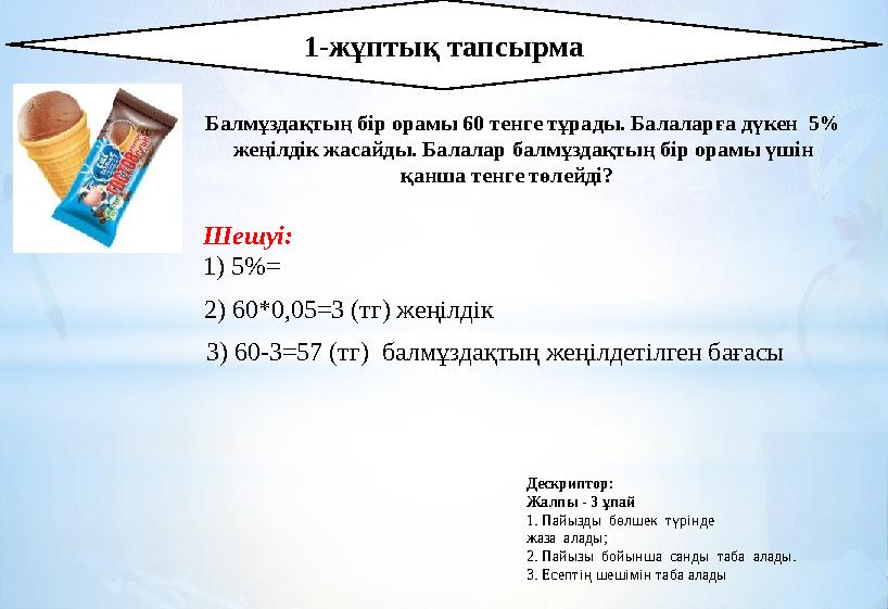 1-жұптық тапсырма Балмұздақтың бір орамы 60 тенге тұрады. Балалар ға дүкен 5% жеңілдік жасайды. Балалар балмұздақтың бір ор