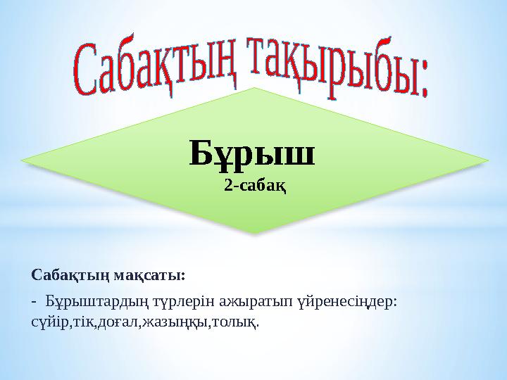 Сабақтың мақсаты: - Бұрыштардың түрлерін ажыратып үйрене c іңдер: сүйір,тік,доғал,жазыңқы,толық. Бұрыш 2- сабақ