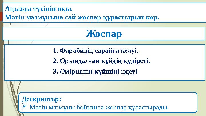 Аңызды түсініп оқы. Мәтін мазмұнына сай жоспар құрастырып көр. Жоспар 1. Фарабидің сарайға келуі.