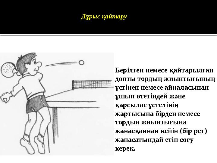 Дұрыс қайтару Берілген немесе қайтарылған допты тордың жиынтығының үстінен немесе айналасынан ұшып өтетіндей және қарсылас ү