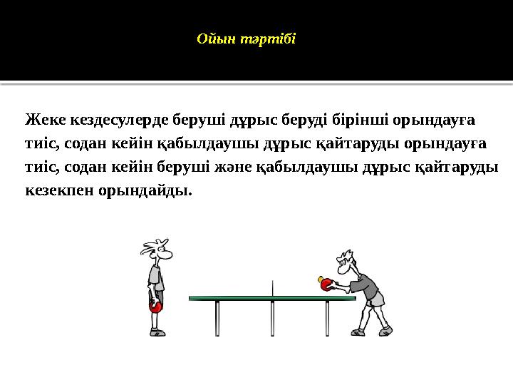Ойын тәртібі Жеке кездесулерде беруші дұрыс беруді бірінші орындауға тиіс, содан кейін қабылдаушы дұрыс қайтаруды орындауға ти