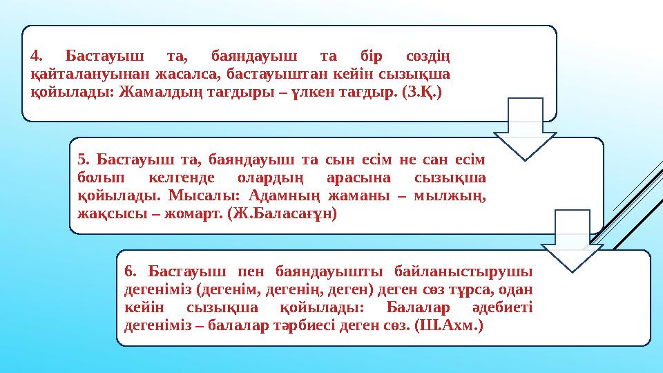 4. Бастауыш та, баяндауыш та бір сөздің қайталануынан жасалса, бастауыштан кейін сызықша қойылады: Жамалдың тағдыры