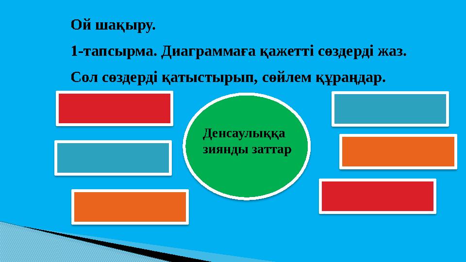 Ой шақыру. 1-тапсырма. Диаграммаға қажетті сөздерді жаз. Сол сөздерді қатыстырып, сөйлем құраңдар. Денсаулыққа зиянды заттар