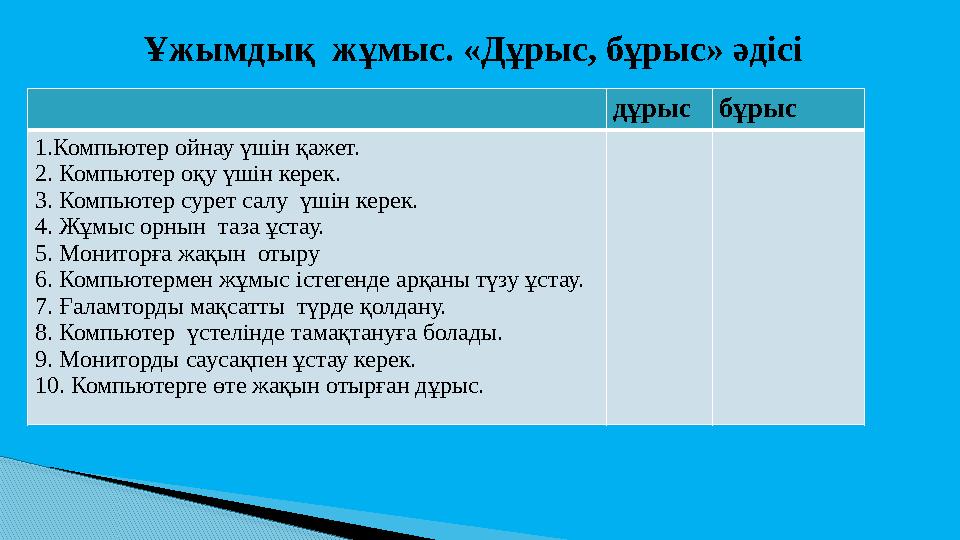 Ұжымдық жұмыс. «Дұрыс, бұрыс» әдісі дұрыс бұрыс 1.Компьютер ойнау үшін қажет. 2. Компьютер оқу үшін керек. 3. Компьютер сурет с