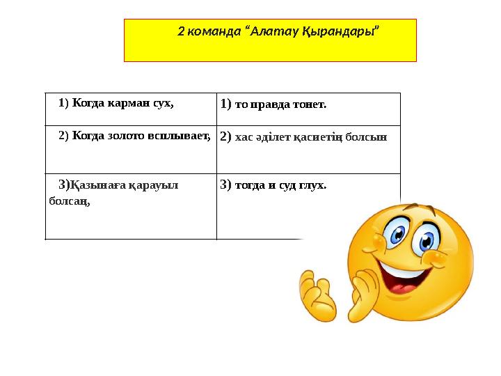 2 команда “Алатау Қырандары” 1) Когда карман сух, 1) то правда тонет. 2) Когда золото всплывает, 2) хас әділе