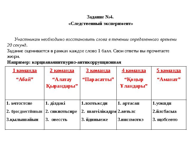 Задание №4. «Следственный эксперимент» Участникам необходимо восстановить слова в течении определенного времени 20 с