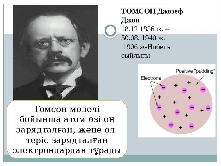 ТОМСОН Джозеф Джон 18.12 1856 ж. – 30.08. 1940 ж. 1906 ж-Нобель сыйлығы. Томсон моделі бойынша атом өзі оң зарядталған, жә