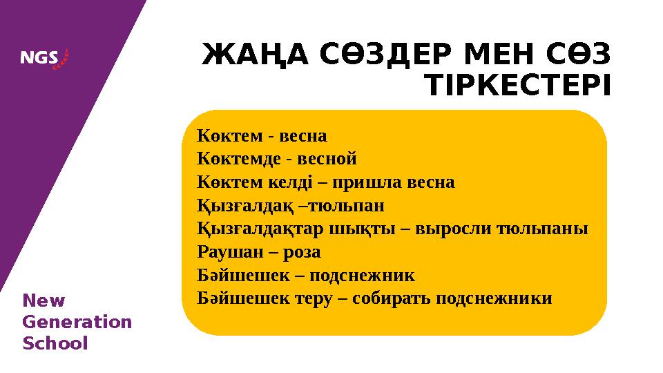 New Generation School ЖА ҢА СӨЗДЕР МЕН СӨЗ ТІРКЕСТЕРІ Көктем - весна Көктемде - весной Көктем келді – пришла весна Қызғалда