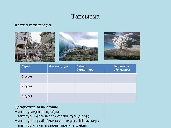 Тапсырма Кестені толтырыңыз. Дескриптор Білім алушы − апат түрлерін анықтайды; − апат түрінің пайда болу себебін түсіндіреді;