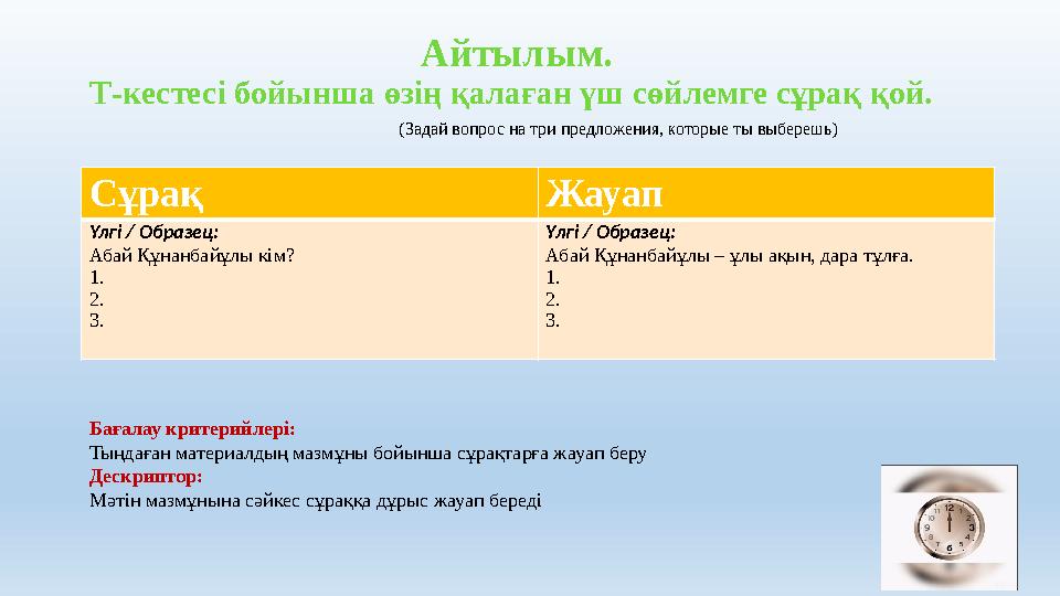 Айтылым. Т -кестес і бойынша өзің қалаған үш сөйлемге сұрақ қой. ( Задай вопрос на три предлож