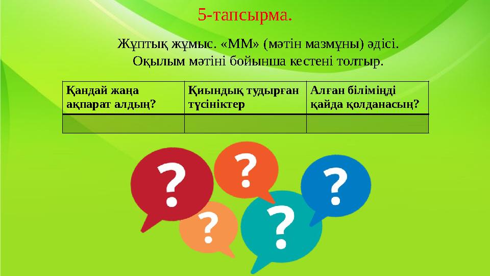 5-тапсырма. Жұптық жұмыс. «ММ» (мәтін мазмұны) әдісі. Оқылым мәтіні бойынша кестені толтыр. Қандай жаңа ақпарат алдың? Қиынды