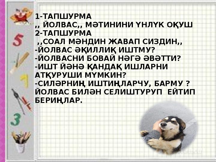 1-ТАПШУРМА ,, ЙОЛВАС,, МӘТИНИНИ ҮНЛҮК ОҚУШ 2-ТАПШУРМА ,,СОАЛ МӘНДИН ЖАВАП СИЗДИН,, -ЙОЛВАС ӘҚИЛЛИҚ ИШТМУ? -ЙОЛВАСНИ БОВАЙ НӘГӘ