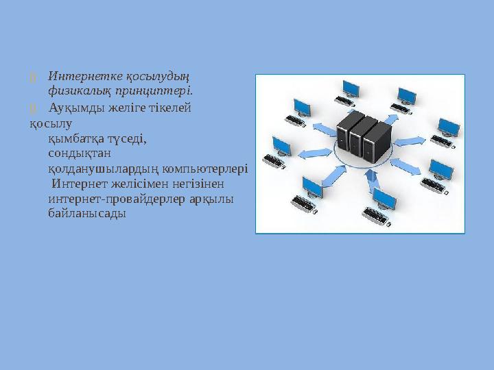  Интернетке қосылудың физикалық принциптері.  Ауқымды желіге тікелей қосылу қымбатқа түседі, сондықтан қолдануш