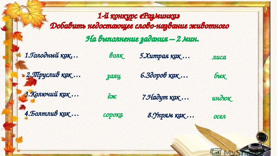 1-й конкурс «Разминка» Добавить недостающее слово-название животного 1.Голодный как… 2.Труслив как … 3.Колючий как … 4.Бо