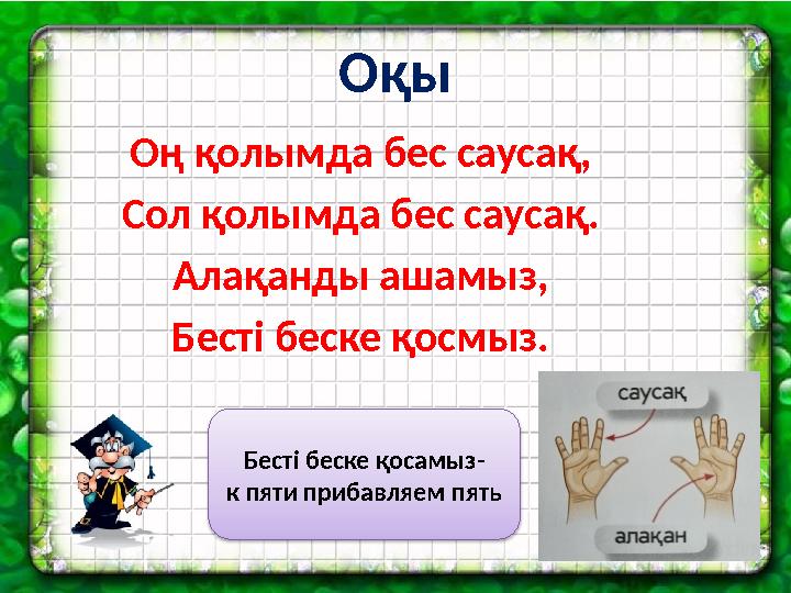 Оқы Оң қолымда бес саусақ, Сол қолымда бес саусақ. Алақанды ашамыз, Бесті беске қосмыз. Бесті беске қосамыз- к пяти прибавляем п