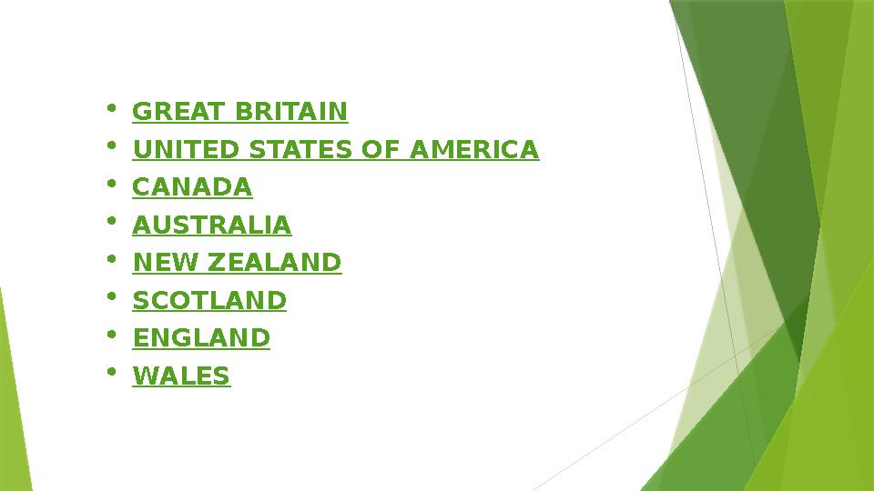  GREAT BRITAIN  UNITED STATES OF AMERICA  CANADA  AUSTRALIA  NEW ZEALAND  SCOTLAND  ENGLAND  WALES