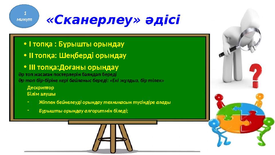 «Сканерлеу» әдісі • І топқа : Бұрышты орындау • ІІ топқа: Шеңберді орындау • ІІІ топқа:Доғаны орындау 7 минут Әр топ жасаған