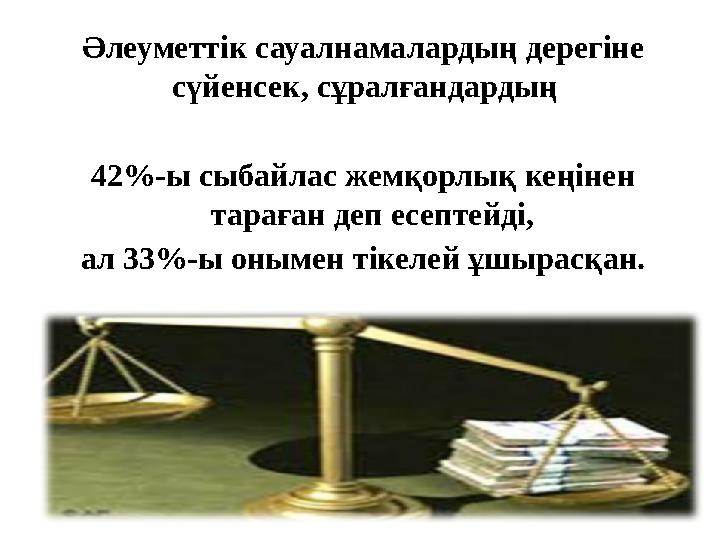 Әлеуметтік сауалнамалардың дерегіне сүйенсек, сұралғандардың 42%-ы сыбайлас жемқорлық кеңінен тараған деп есептейді, ал 33