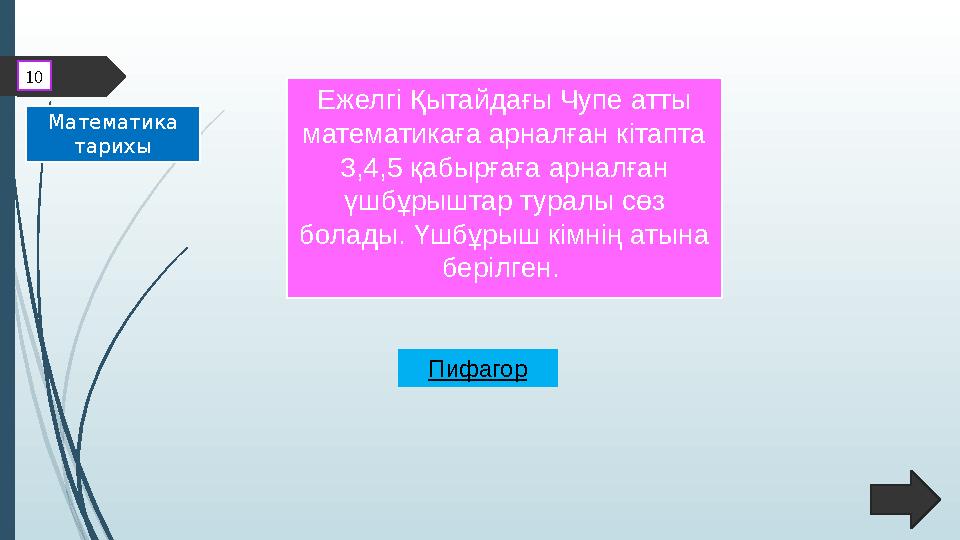 Ежелгі Қытайдағы Чупе атты математикаға арналған кітапта 3,4,5 қабырғаға арналған үшбұрыштар туралы сөз болады. Үшбұрыш кімн