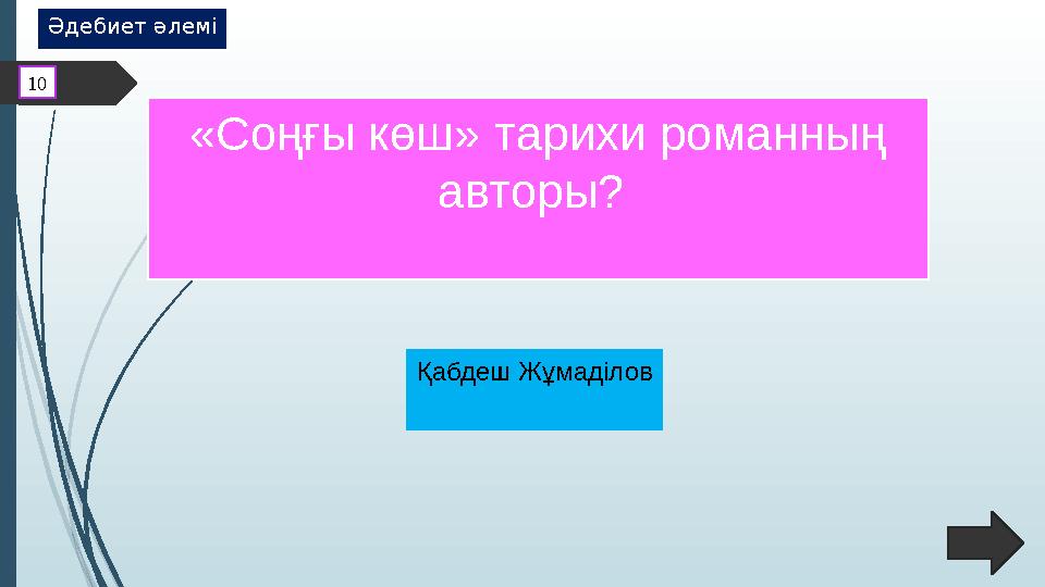 «Соңғы көш» тарихи романның авторы? Қабдеш Жұмаділов10 Әдебиет әлемі
