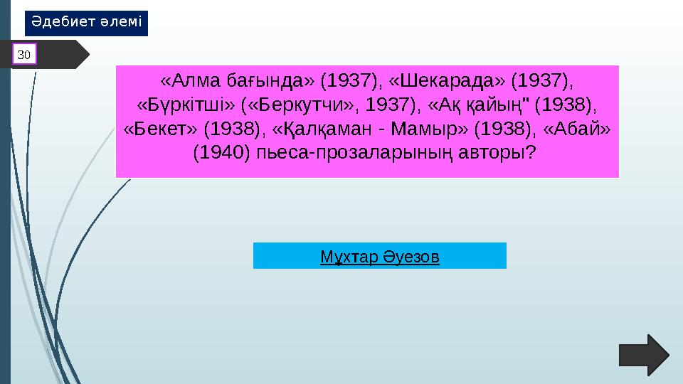 «Алма бағында» (1937), «Шекарада» (1937), «Бүркітші» («Беркутчи», 1937), «Ақ қайың" (1938), «Бекет» (1938), «Қалқаман - Мамыр»