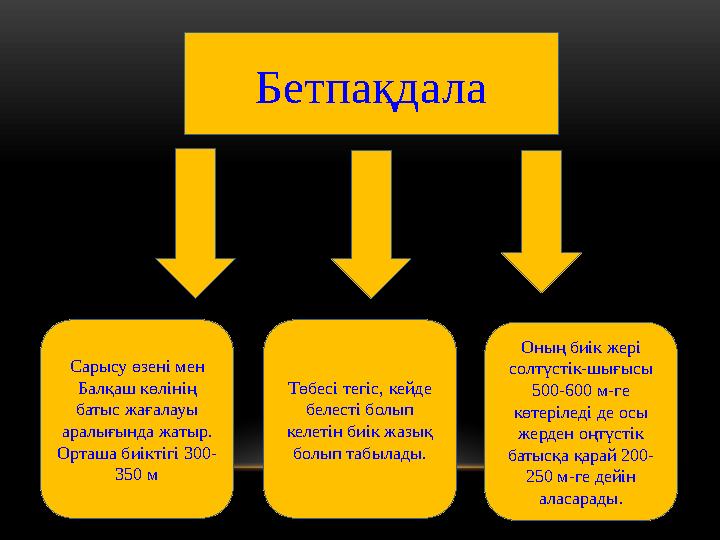 Бетпақдала Сарысу өзені мен Балқаш көлінің батыс жағалауы аралығында жатыр. Орташа биіктігі 300- 350 м Төбесі тегіс, кейде