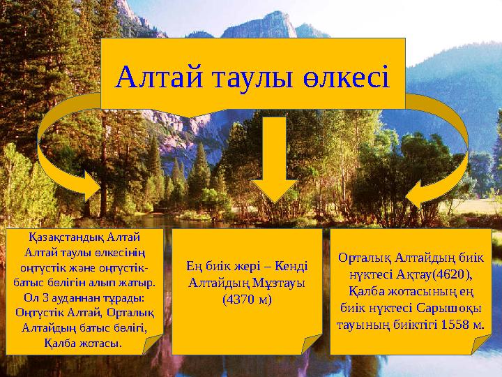Алтай таулы өлкесі Қазақстандық Алтай Алтай таулы өлкесінің оңтүстік және оңтүстік- батыс бөлігін алып жатыр. Ол 3 ауданнан т