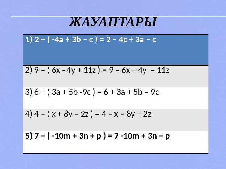 ЖАУАПТАРЫ 1) 2 + ( -4a + 3b – c ) = 2 – 4c + 3a – c 2 ) 9 – ( 6x - 4y + 11z ) = 9 – 6x + 4y – 11z 3) 6 + ( 3a + 5b -9c ) = 6