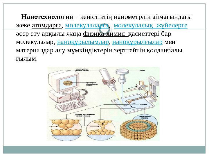 . Нанотехнология – кеңістіктің нанометрлік аймағындағы жеке атомдарға , молекулаларға , молекулалық жүйелерге әсер