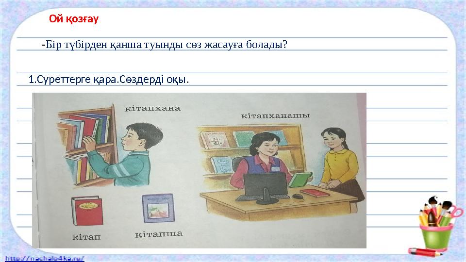 Ой қозғау - Бір түбірден қанша туынды сөз жасауға болады? 1.Суреттерге қара.Сөздерді оқы .