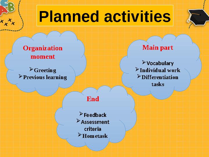 Planned activities Organization moment  Greeting  Previous learning End  Feedback  Assessment criteria  Hometask Main par