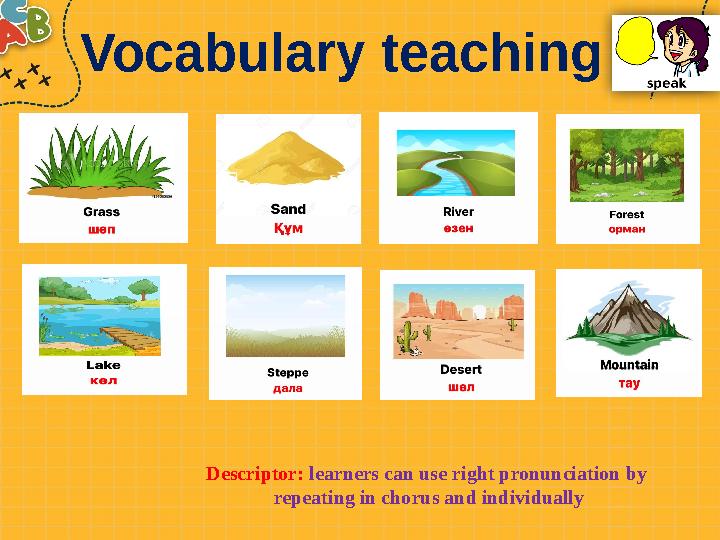 Vocabulary teaching Descriptor: learners can use right pronunciation by repeating in chorus and individually